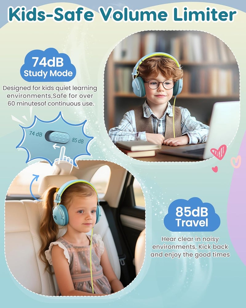 awatrue Kids Headphones for School, 74/85dB Safe Volume Limit, Stereo Sound, Wired On-Ear Headphones for Kids Boys Girls, 3.5mm Jack for Tablet, iPad, Kindle, YOTO Player, Airplane Travel, Green - Image 2